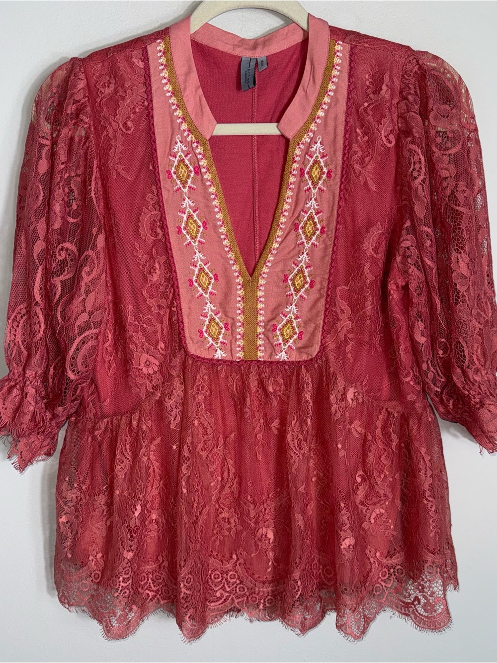 Blank London Anthropologie Lace Layered Top Blouse-Embroidered-Pink-Medium